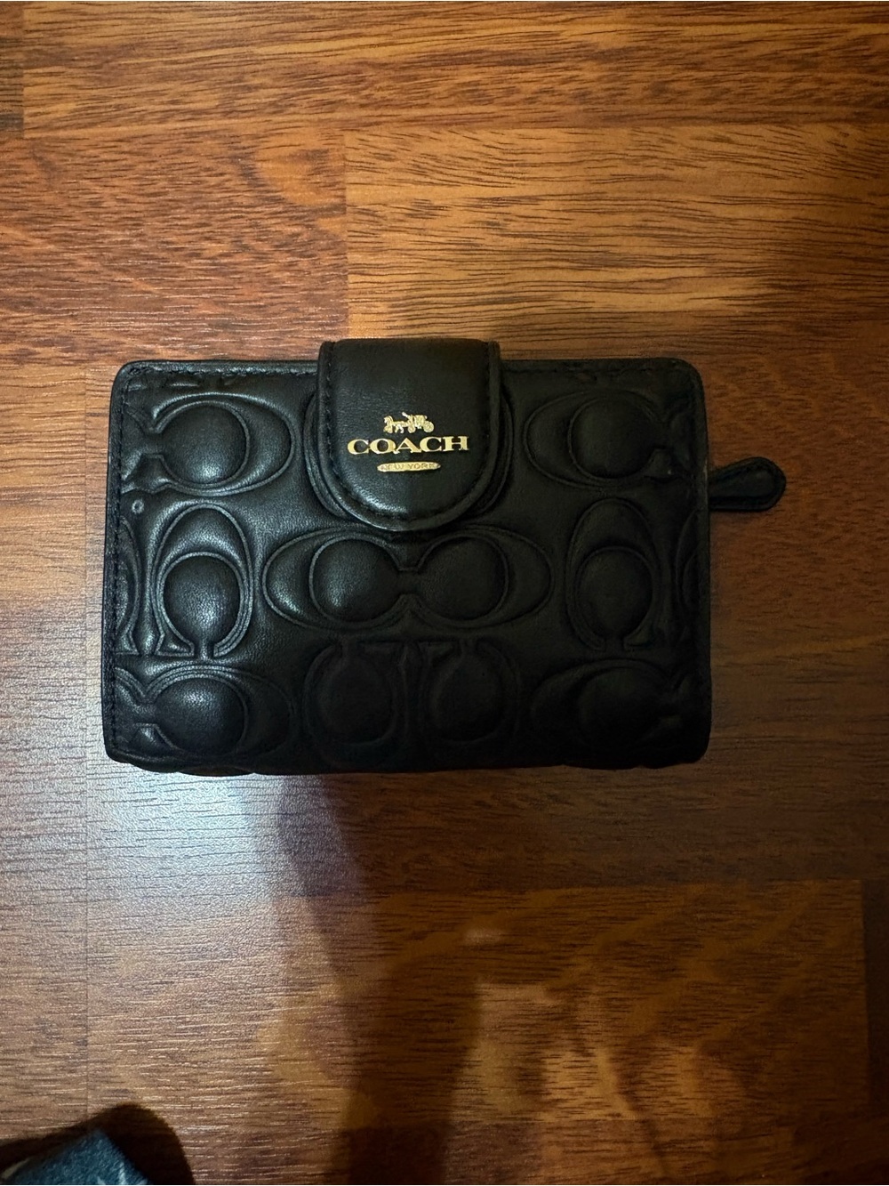 Coach Black Embossed Signature Leather Snap Wallet with Gold Logo